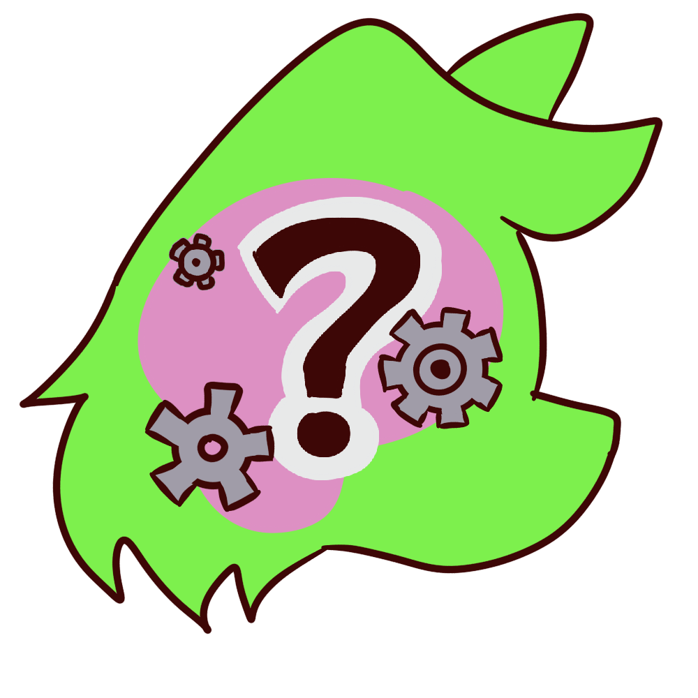 a green dog head with gears and a brain inside, with a question mark over it